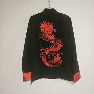 Silk Vintage Black & Red Dragon Kimono Style Long Sleeve Top S Vietnam Minh Than